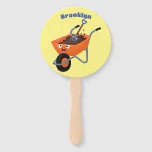 Leuke gelukkige oranje kruiwagen cartoon illustrat handwaaier