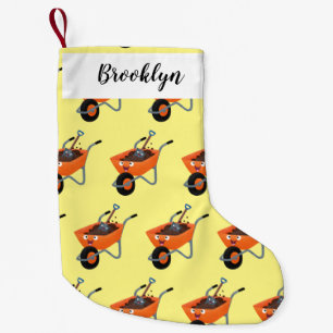 Leuke gelukkige oranje kruiwagen cartoon illustrat kleine kerstsok