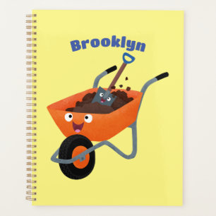 Leuke gelukkige oranje kruiwagen cartoon illustrat planner