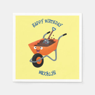 Leuke gelukkige oranje kruiwagen cartoon illustrat servet
