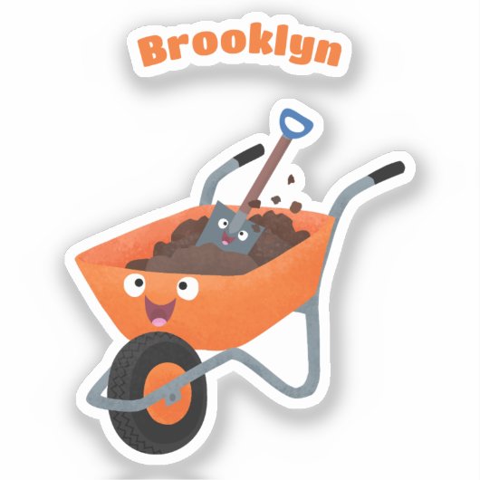Leuke gelukkige oranje kruiwagen cartoon illustrat sticker (Voorkant)