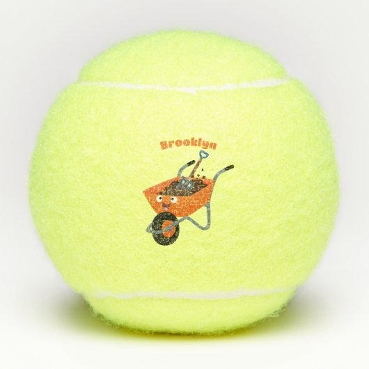 Leuke gelukkige oranje kruiwagen cartoon illustrat tennisballen (Voorkant)