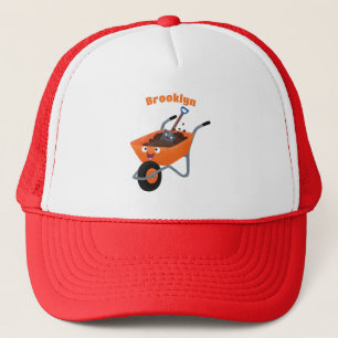 Leuke gelukkige oranje kruiwagen cartoon illustrat trucker pet