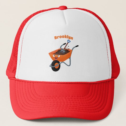 Leuke gelukkige oranje kruiwagen cartoon illustrat trucker pet (Voorkant)