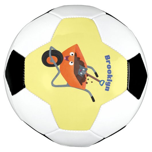 Leuke gelukkige oranje kruiwagen cartoon illustrat voetbal (Gedraaid)