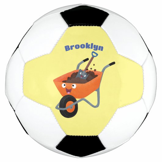 Leuke gelukkige oranje kruiwagen cartoon illustrat voetbal (Voorkant)