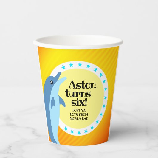 Leuke Gelukkige Verjaardag Jongen Blauwe Dolfijn i Papieren Bekers (Voorkant)