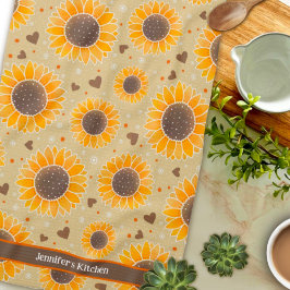 Leuke Gelukkige Zonnebloemenharten Aangepaste Naam Theedoek