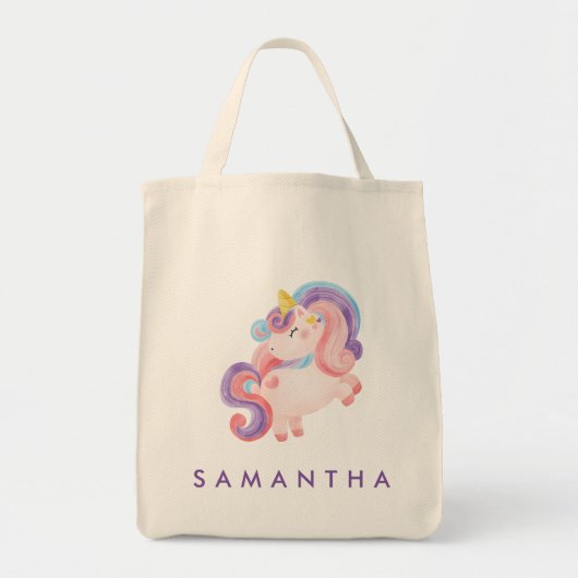 Leuke gepersonaliseerde eenhoorn regenboog paarse  tote bag (Voorkant)
