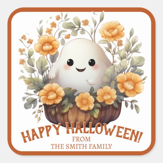 Leuke gepersonaliseerde Halloween Ghost Vierkante Sticker (Voorkant)