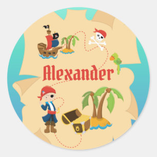 Leuke gepersonaliseerde piratenjongen schatkaart ronde sticker