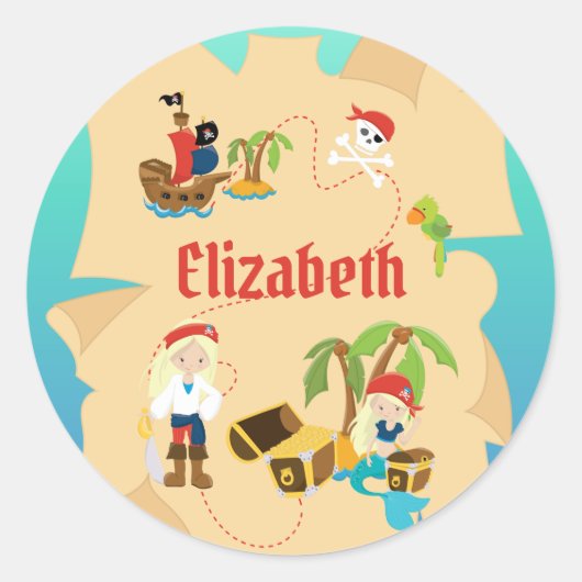 Leuke gepersonaliseerde piratenmeisje-schatkaart ronde sticker (Voorkant)