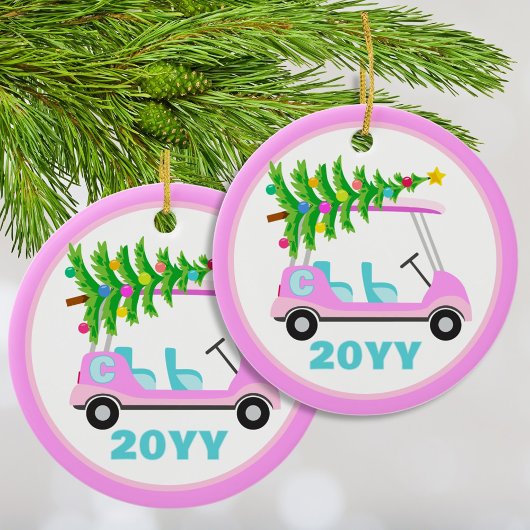 Leuke gepersonaliseerde roze golfkar kerstboom keramisch ornament