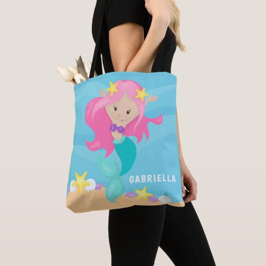 Leuke gepersonaliseerde roze zeemeermin Canvas tas (Dichtbij)