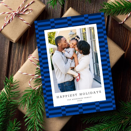 Leuke geruit  kleur 1 Foto BLAUW Feestdagenkaart