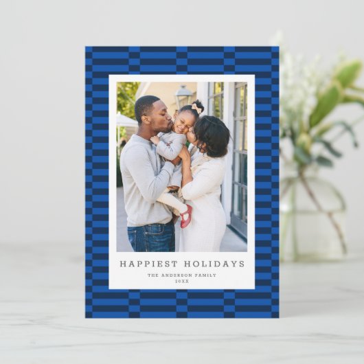 Leuke geruit kleur 1 Foto BLAUW Feestdagenkaart (Staand voorkant)