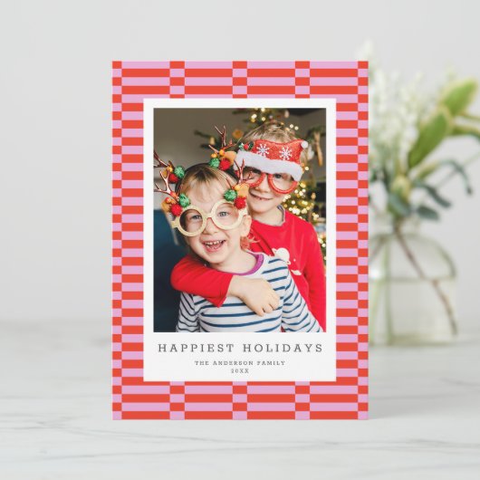 Leuke geruit  kleur 1 foto ROZE Feestdagenkaart (Staand voorkant)