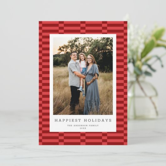 Leuke geruite aanpasbare kleur 1 foto WARM ROOD Feestdagenkaart (Staand voorkant)