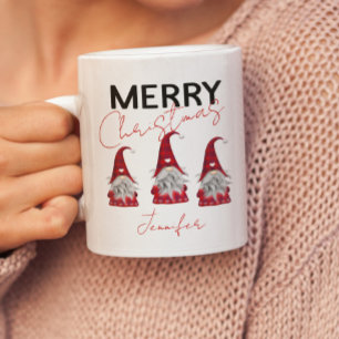Leuke geruite kerstgnomen met kerstgroet en jouw n tweekleurige koffiemok