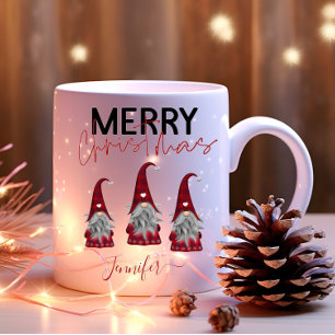 Leuke geruite kerstgnomen met kerstgroet en jouw n tweekleurige koffiemok