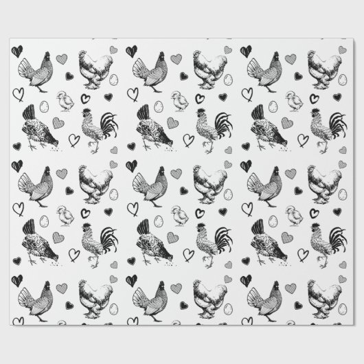 Leuke geschetste kippen verjaardag cadeaupapier (Vlak)