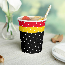 Leuke gestippelde felrode gele topstrepen op zwart papieren bekers
