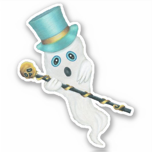 Leuke Ghost Blue Eyes Top Hoed Holding Skull Cane Sticker (Voorkant)