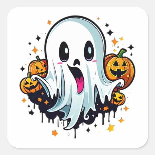 Leuke Ghost en Happy Pumpkins Vierkante Sticker (Voorkant)