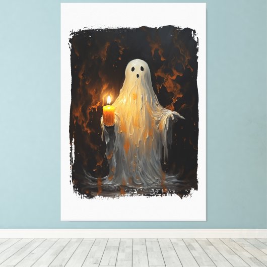 Leuke Ghost Holding Kaars Grappig Halloween Gothic Canvas Afdruk (Insitu (Houten vloer))