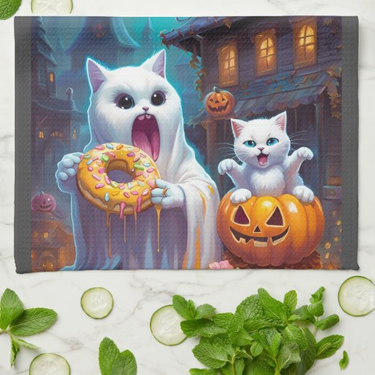 Leuke Ghost N Kitten, Pompoen en Donut Theedoek (Gevouwen)