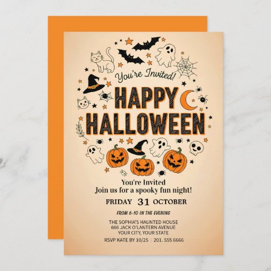 Leuke Ghost & Pompoen Halloween Party Uitnodiging (Voorkant / Achterkant)