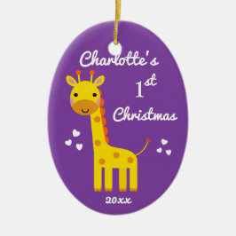Leuke Giraffe Baby's 1e Eerste Kerstcadeau Paarse Keramisch Ornament