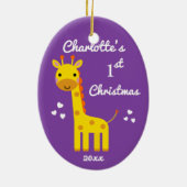 Leuke Giraffe Baby's 1e Eerste Kerstcadeau Paarse Keramisch Ornament (Achterkant)