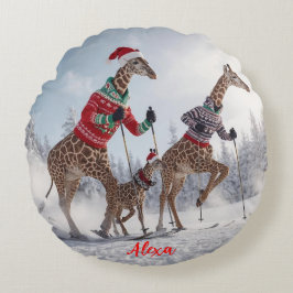 Leuke Giraffe Familie Skiën Kerst Gepersonaliseerd Rond Kussen
