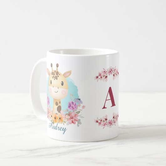 Leuke Giraffe Floral Theme Monogram Gepersonalisee Koffiemok (Voorkant links)