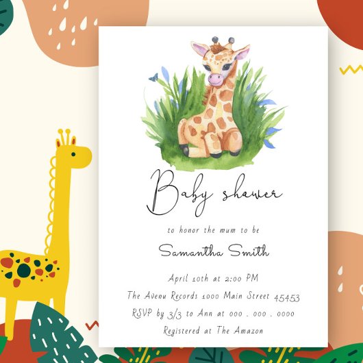 Leuke Giraffe groen Baby shower Kaart