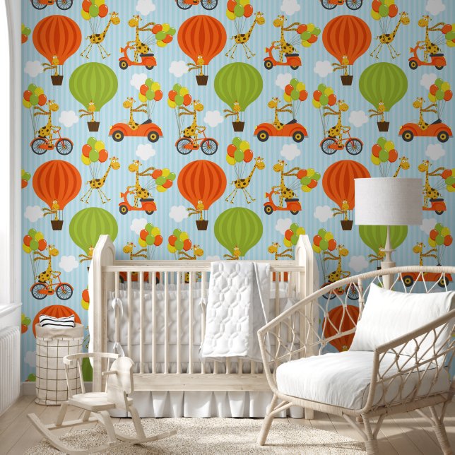 Leuke Giraffe in Luchtballonnen Fietsen en Auto's  Behang (Kinderen)