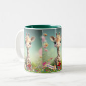 Leuke Giraffe in Tuin Gepersonaliseerde Bloemen Tweekleurige Koffiemok (Voorkant links)