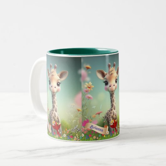 Leuke Giraffe in Tuin Gepersonaliseerde Bloemen Tweekleurige Koffiemok (Voorkant links)