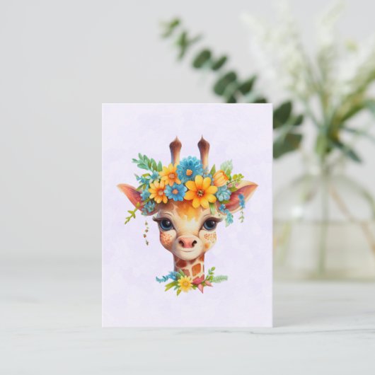 Leuke Giraffe met Floral Crown Briefkaart (Staand voorkant)