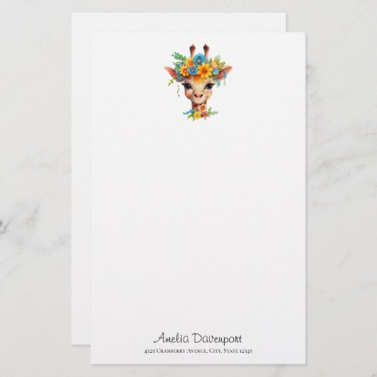Leuke Giraffe met Floral Crown Briefpapier (Voorkant / Achterkant)