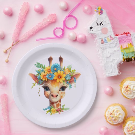 Leuke Giraffe met Floral Crown Papieren Bordje (Feest)