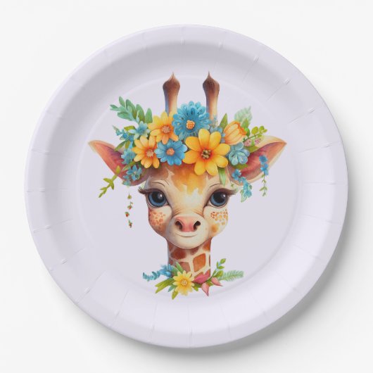 Leuke Giraffe met Floral Crown Papieren Bordje (Voorkant)