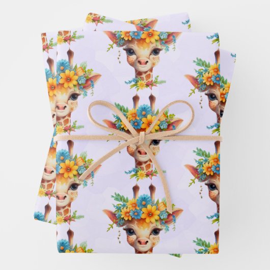 Leuke Giraffe met Floral Crown Patterned Inpakpapier Vel (In situ)