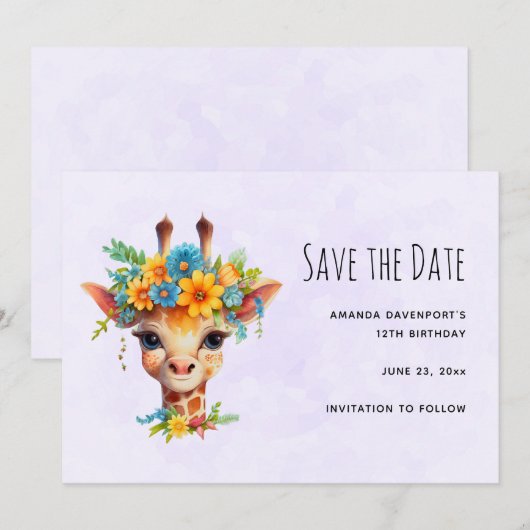 Leuke Giraffe met Floral Crown Save The Date (Voorkant / Achterkant)