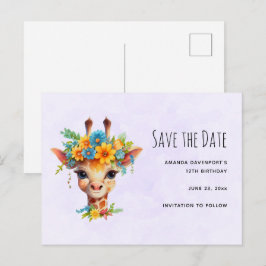 Leuke Giraffe met Floral Crown Save the Date Uitnodiging Briefkaart