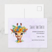 Leuke Giraffe met Floral Crown Save the Date Uitnodiging Briefkaart (Voorkant / Achterkant)