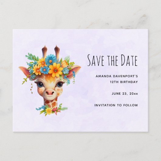 Leuke Giraffe met Floral Crown Save the Date Uitnodiging Briefkaart (Voorkant)