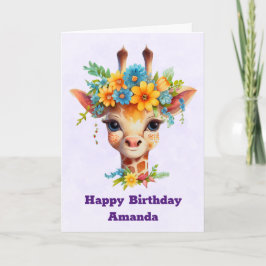 Leuke Giraffe met Floral Crown Verjaardag Kaart