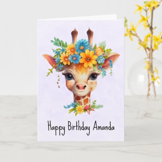 Leuke Giraffe met Floral Crown Verjaardag Kaart (Gele Bloem)